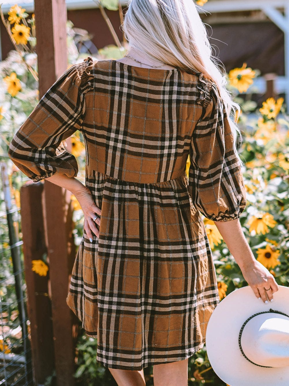 Brown Plaid Print Empire Waist Mini Dress