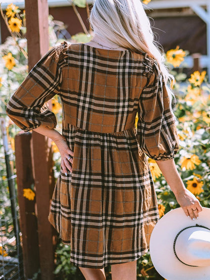 Brown Plaid Print Empire Waist Mini Dress