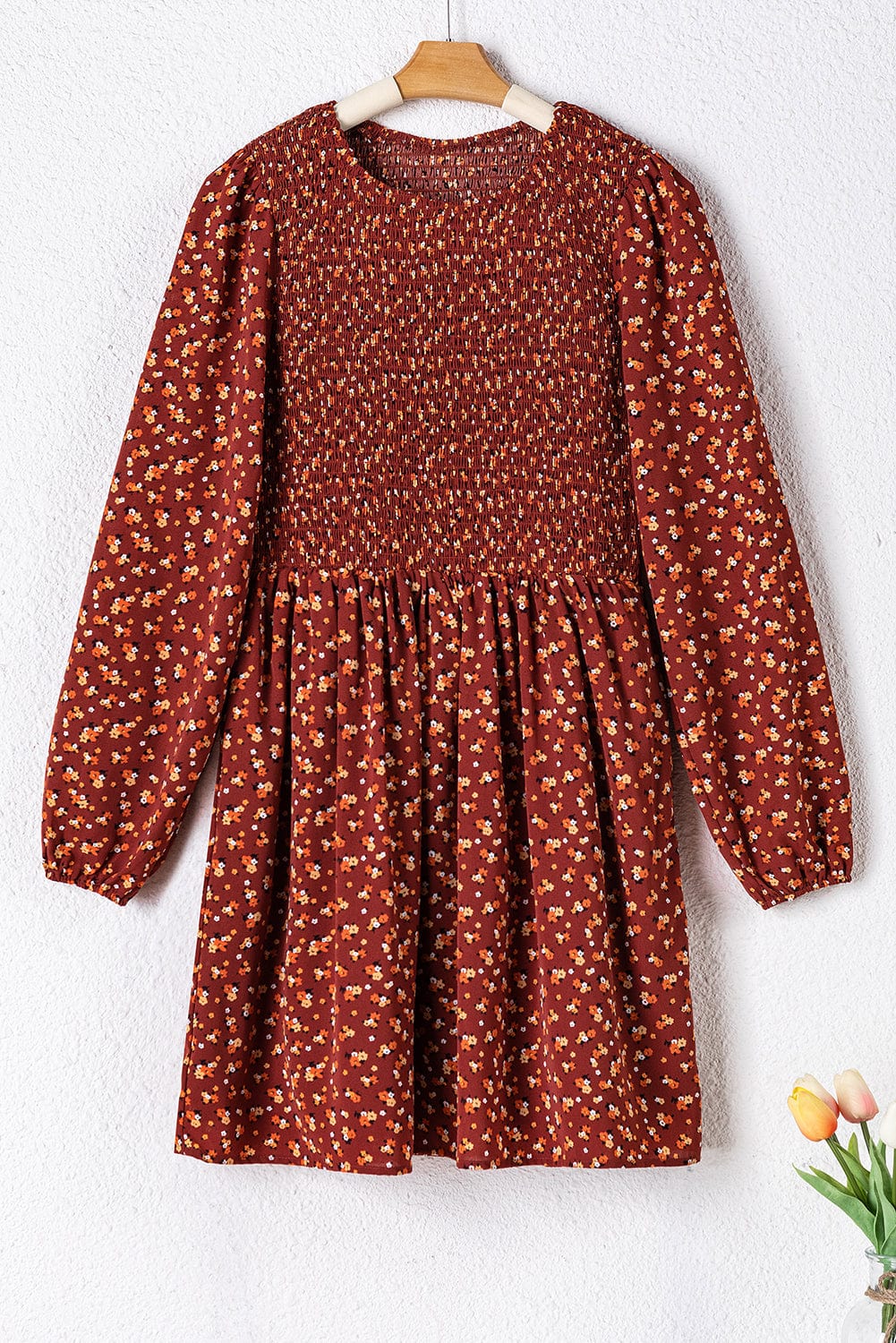 Brown Smocked Floral Print Mini Dress