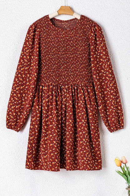 Brown Smocked Floral Print Mini Dress