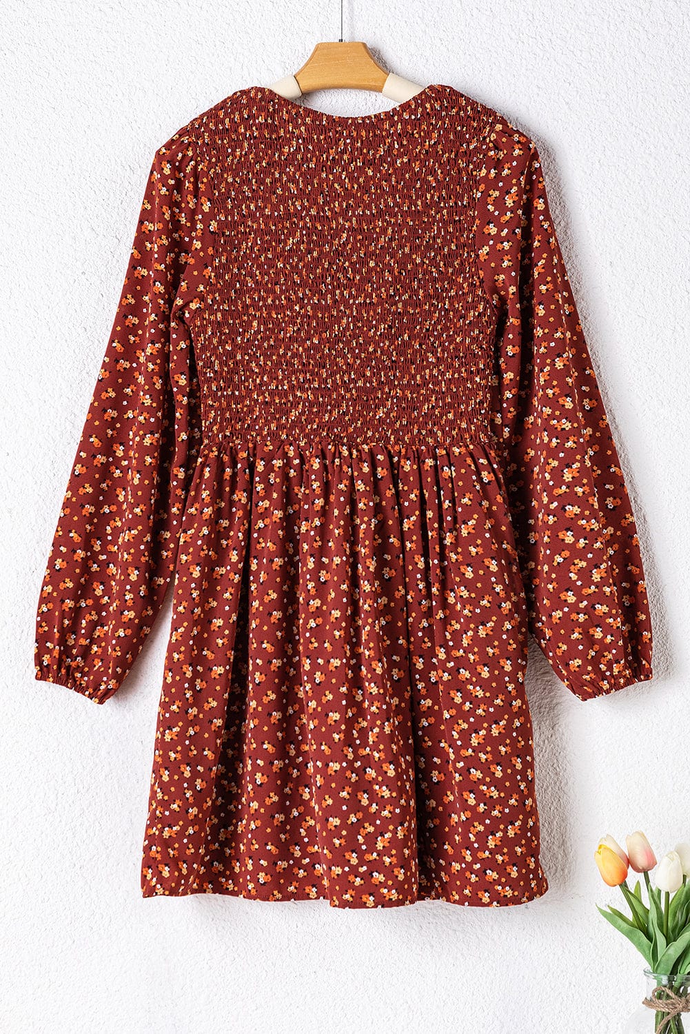 Brown Smocked Floral Print Mini Dress