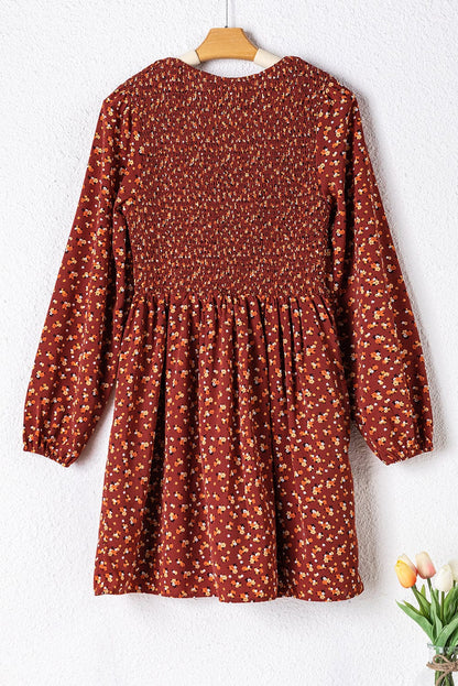 Brown Smocked Floral Print Mini Dress