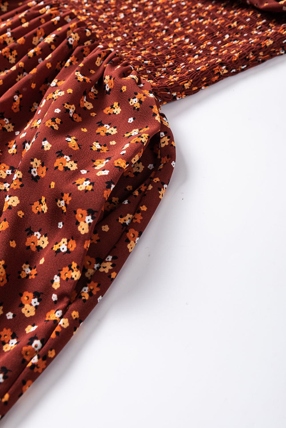 Brown Smocked Floral Print Mini Dress