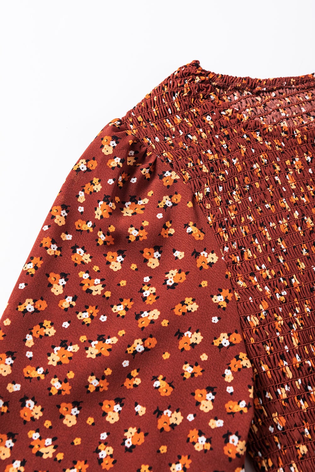 Brown Smocked Floral Print Mini Dress