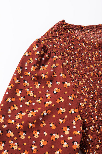 Brown Smocked Floral Print Mini Dress