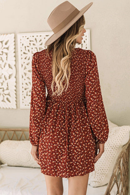 Brown Smocked Floral Print Mini Dress