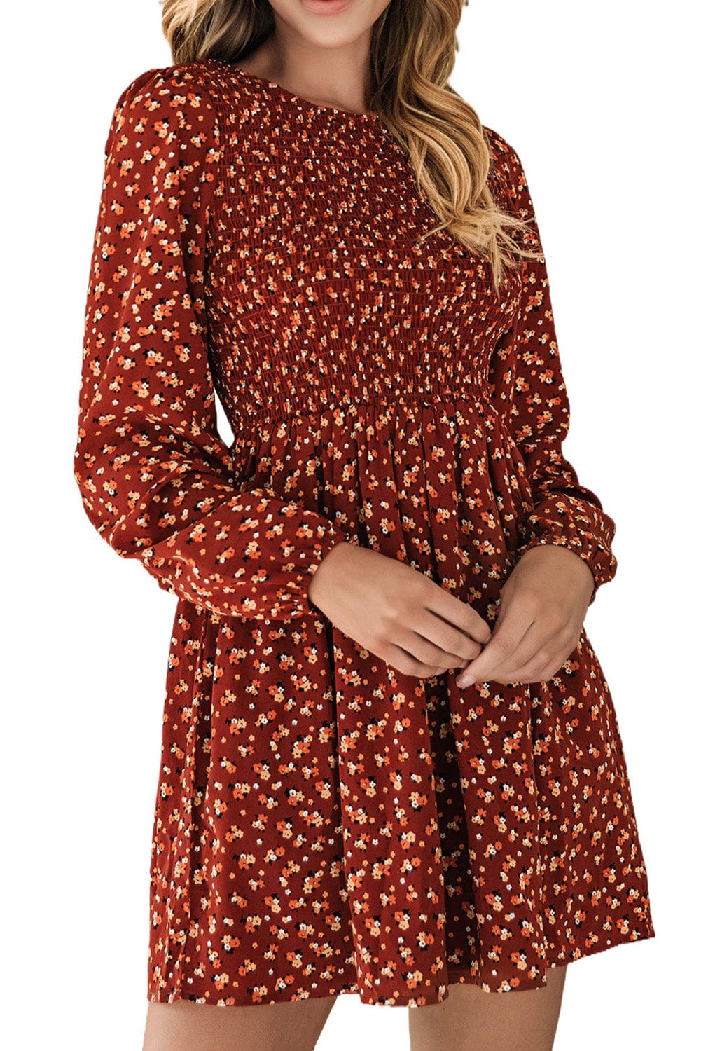 Brown Smocked Floral Print Mini Dress