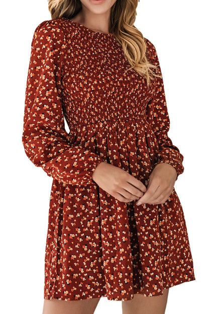 Brown Smocked Floral Print Mini Dress