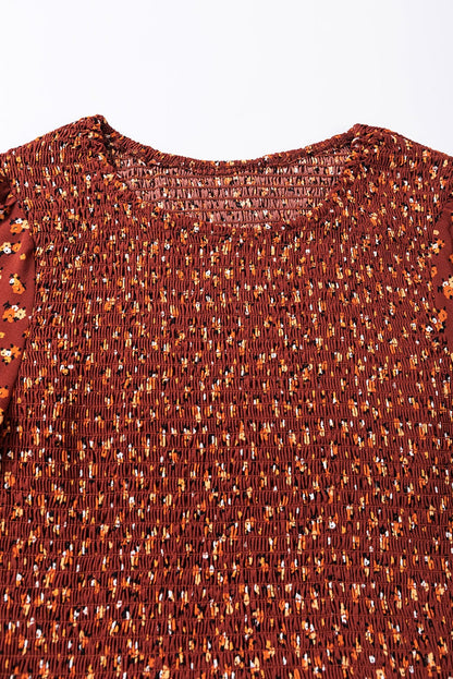 Brown Smocked Floral Print Mini Dress