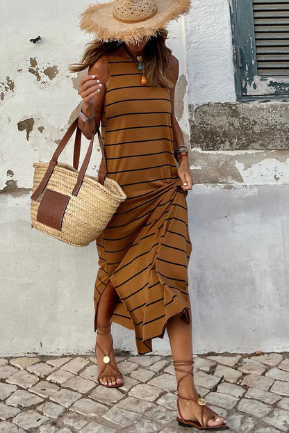 Brown Striped Open Back Maxi Dress with Side Slits