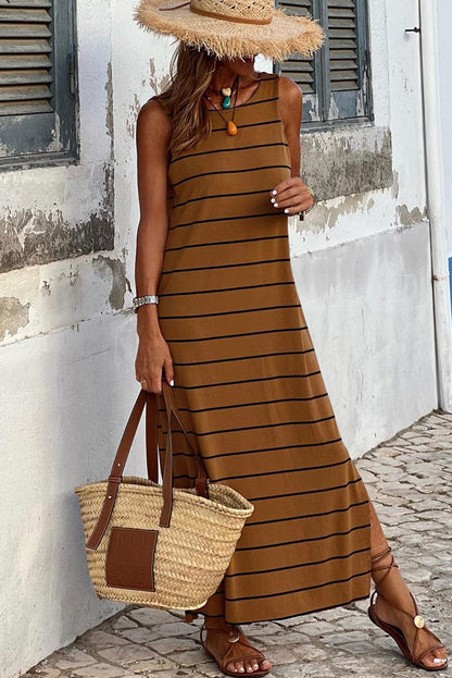 Brown Striped Open Back Maxi Dress with Side Slits