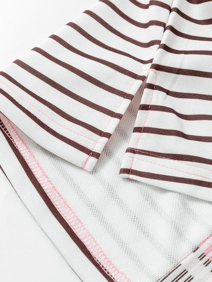 Brown Striped Textured Patchwork T-Shirt Dress with Button Detail