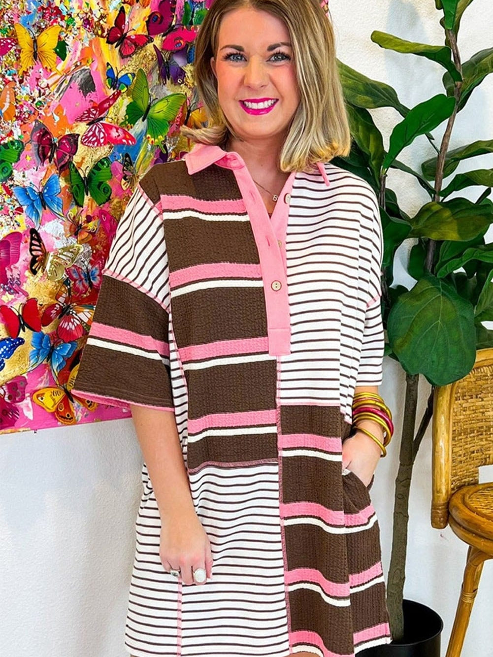 Brown Striped Textured Patchwork T-Shirt Dress with Button Detail