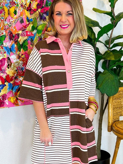 Brown Striped Textured Patchwork T-Shirt Dress with Button Detail