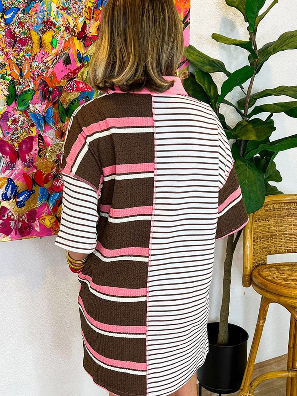 Brown Striped Textured Patchwork T-Shirt Dress with Button Detail