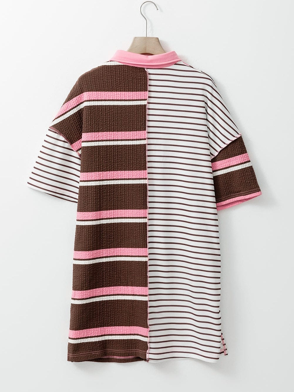 Brown Striped Textured Patchwork T-Shirt Dress with Button Detail