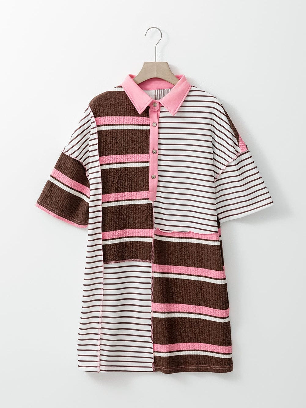 Brown Striped Textured Patchwork T-Shirt Dress with Button Detail