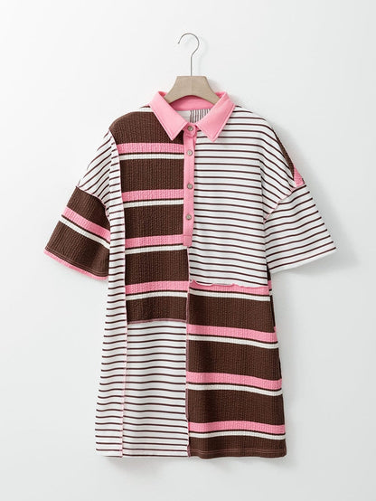 Brown Striped Textured Patchwork T-Shirt Dress with Button Detail