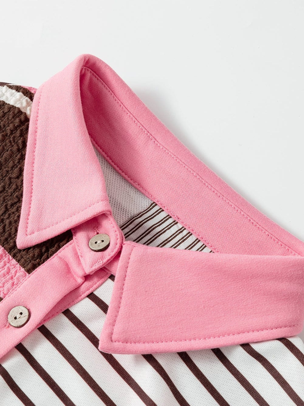 Brown Striped Textured Patchwork T-Shirt Dress with Button Detail