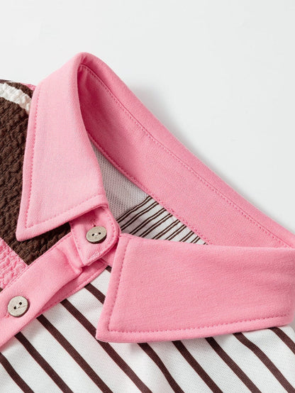 Brown Striped Textured Patchwork T-Shirt Dress with Button Detail