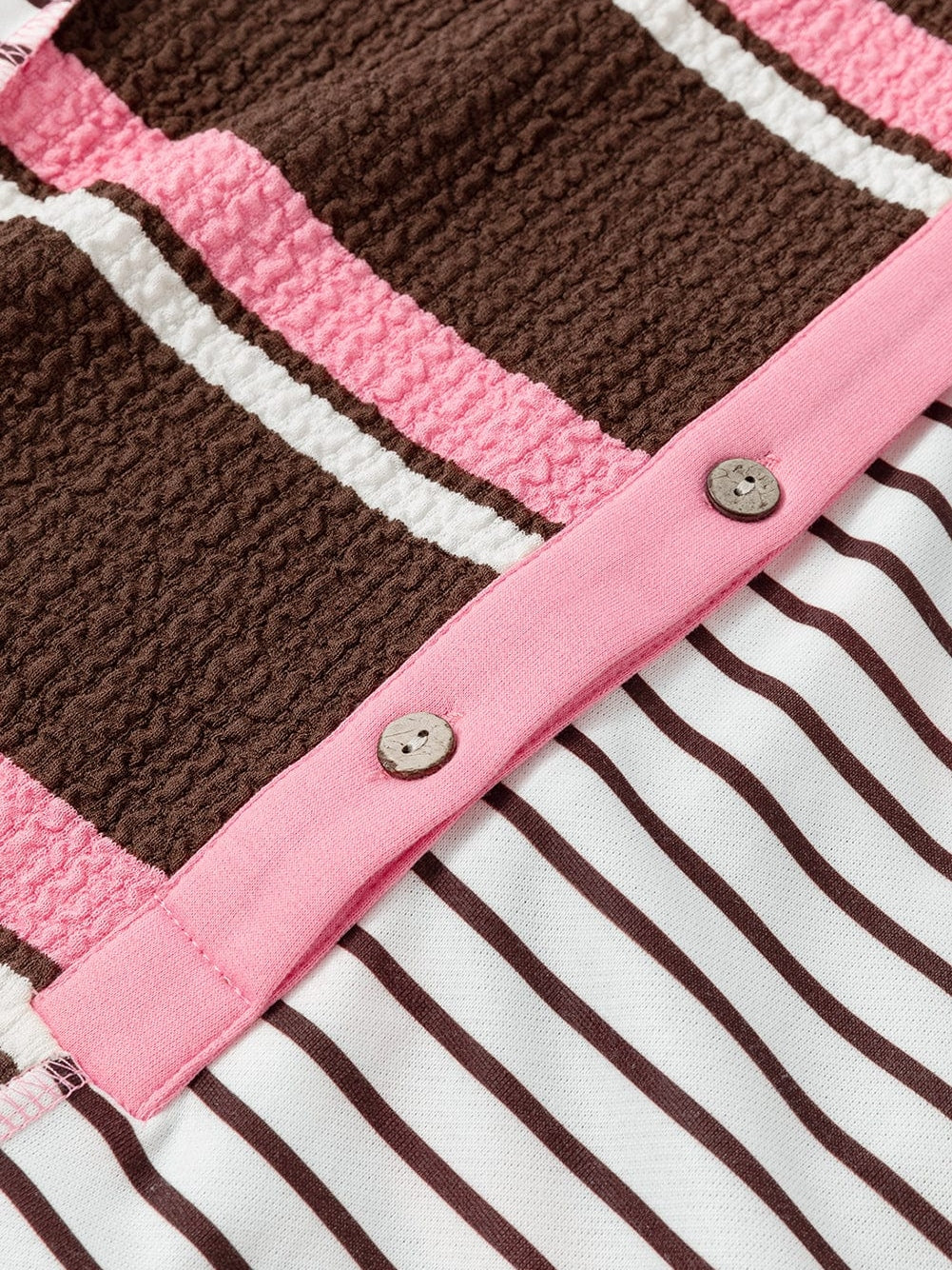 Brown Striped Textured Patchwork T-Shirt Dress with Button Detail