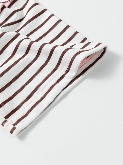 Brown Striped Textured Patchwork T-Shirt Dress with Button Detail