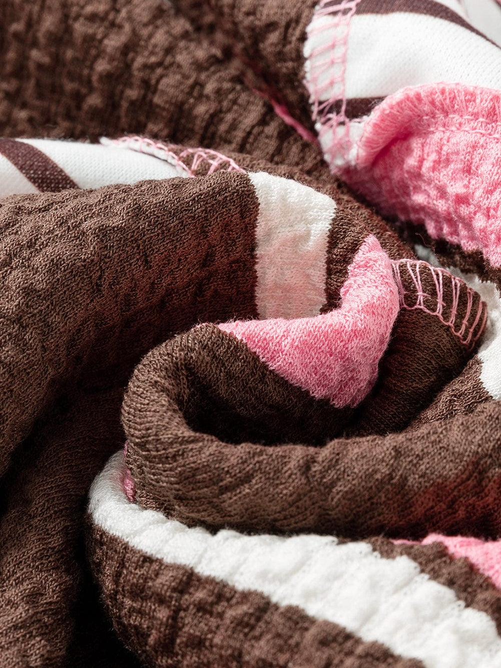 Brown Striped Textured Patchwork T-Shirt Dress with Button Detail