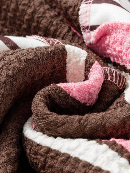 Brown Striped Textured Patchwork T-Shirt Dress with Button Detail