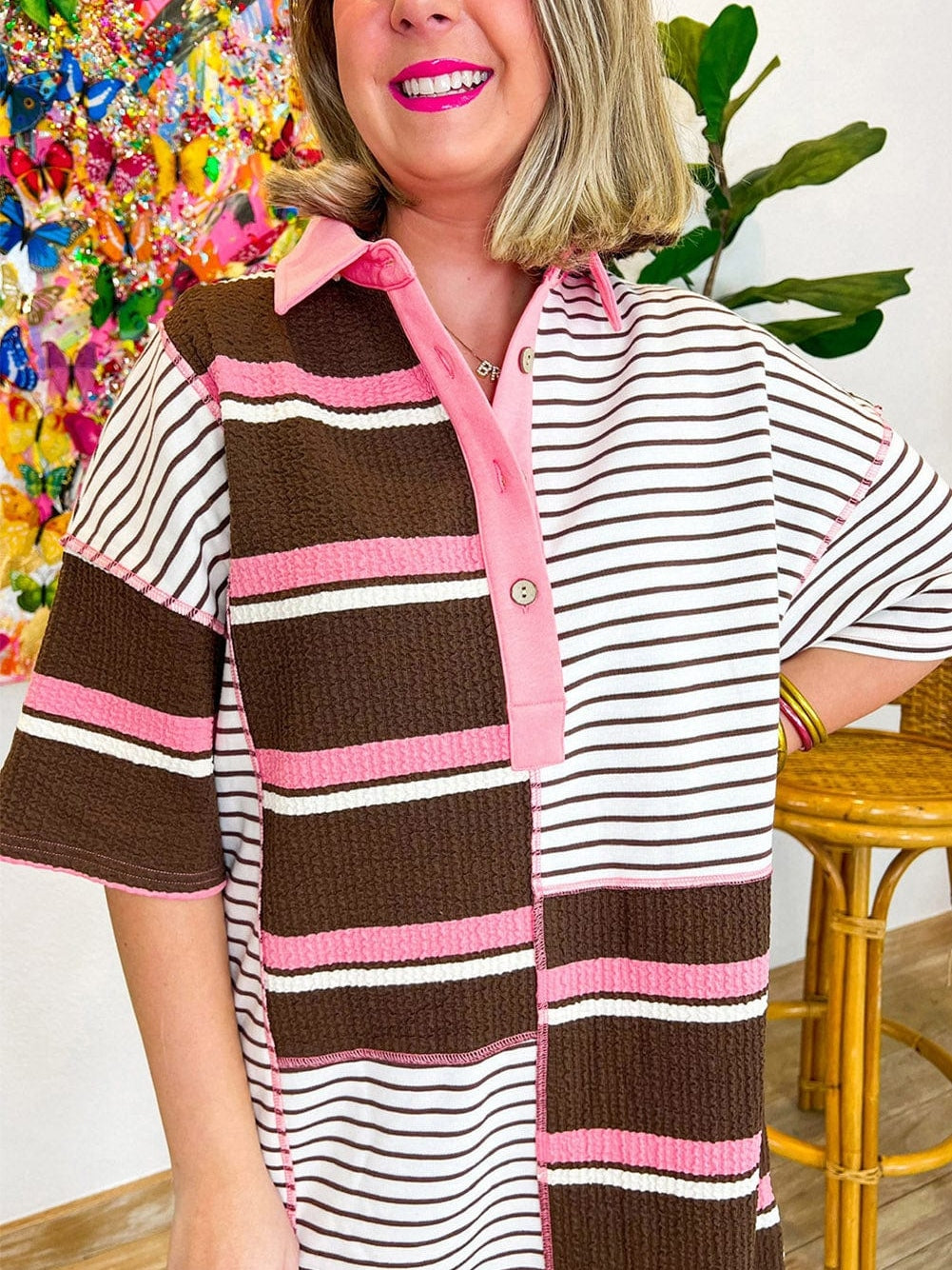 Brown Striped Textured Patchwork T-Shirt Dress with Button Detail