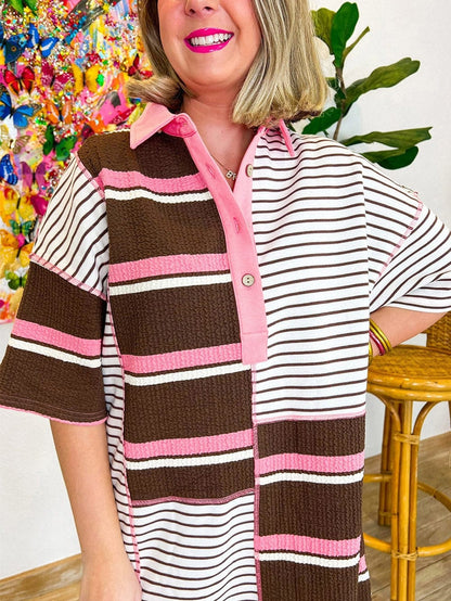 Brown Striped Textured Patchwork T-Shirt Dress with Button Detail