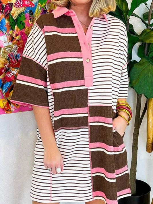 Brown Striped Textured Patchwork T-Shirt Dress with Button Detail