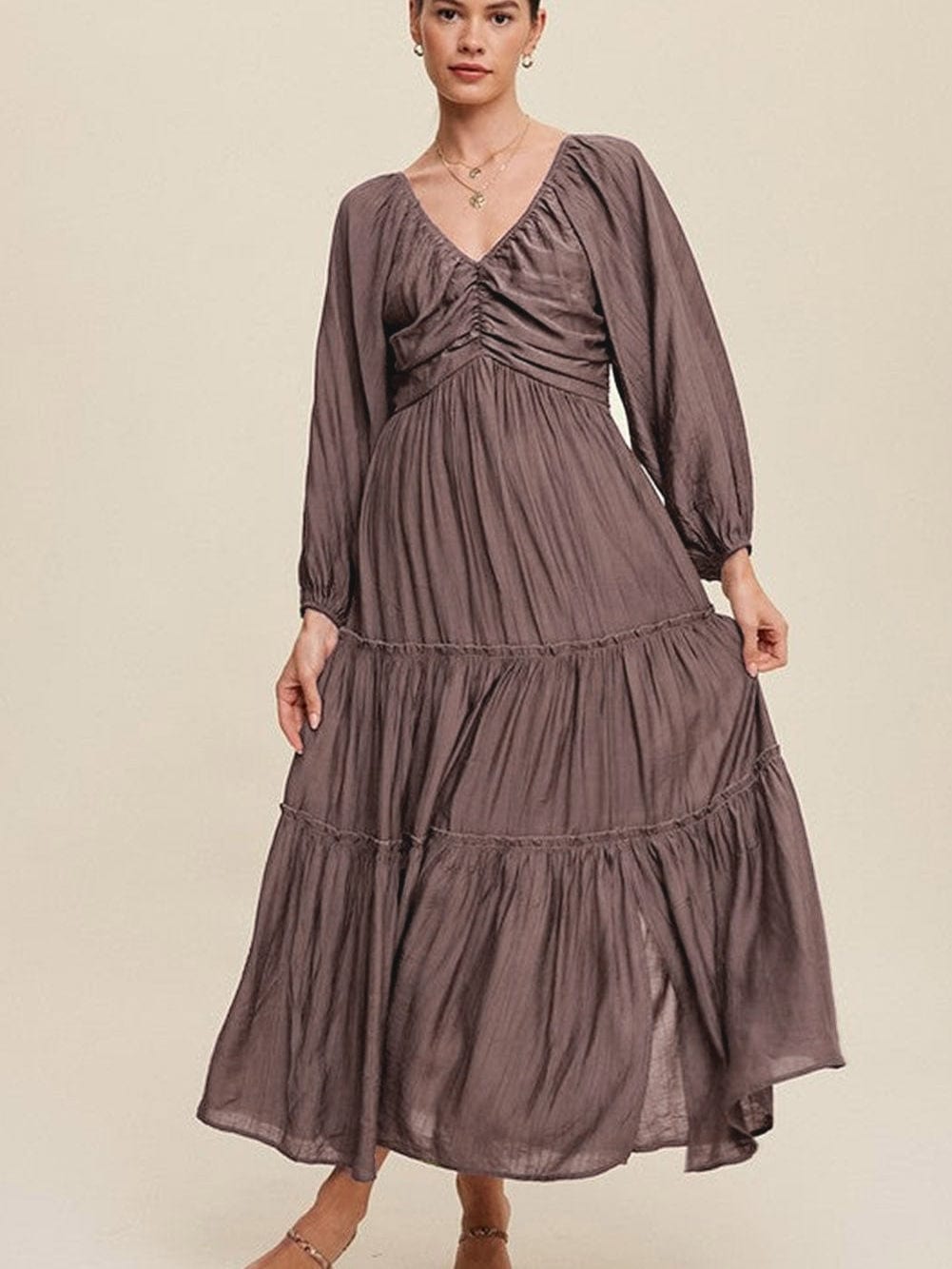 Brown V Neck Bowknot Ruffle Back Tiered Maxi Dress