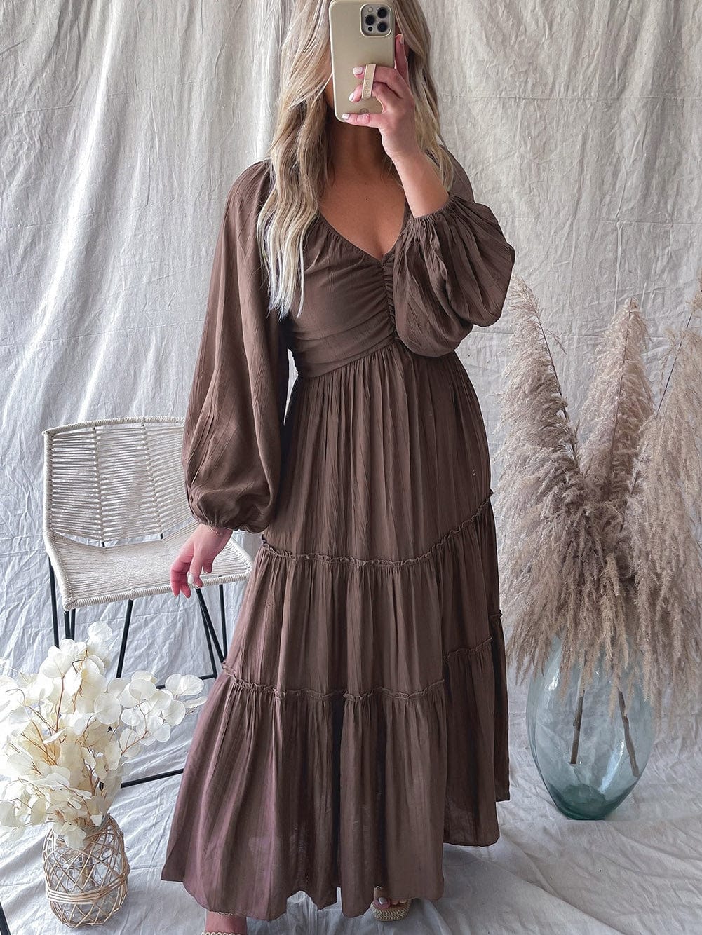 Brown V Neck Bowknot Ruffle Back Tiered Maxi Dress