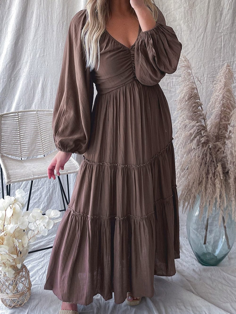 Brown V Neck Bowknot Ruffle Back Tiered Maxi Dress