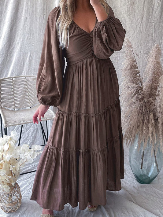 Brown V Neck Bowknot Ruffle Back Tiered Maxi Dress