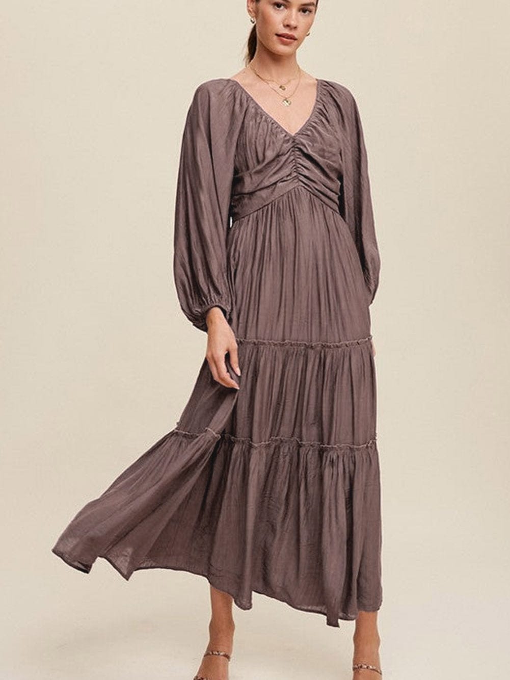 Brown V Neck Bowknot Ruffle Back Tiered Maxi Dress