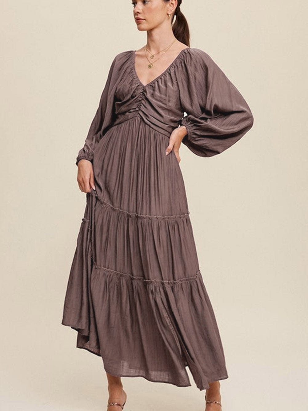 Brown V Neck Bowknot Ruffle Back Tiered Maxi Dress