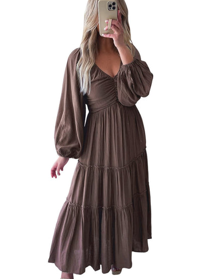 Brown V Neck Bowknot Ruffle Back Tiered Maxi Dress