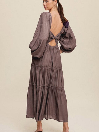 Brown V Neck Bowknot Ruffle Back Tiered Maxi Dress