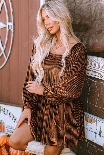 Brown Velvet Babydoll Dress with Square Neck and Tie Back