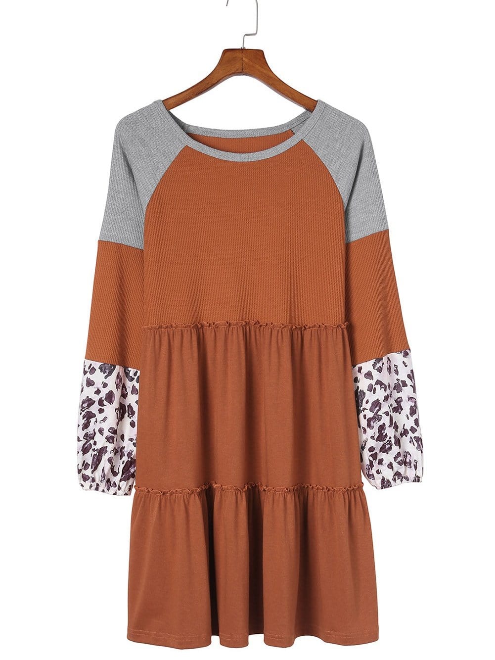 Brown Waffle Knit Leopard Patchwork Mini Dress with Ruffle Details