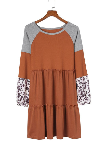 Brown Waffle Knit Leopard Patchwork Mini Dress with Ruffle Details