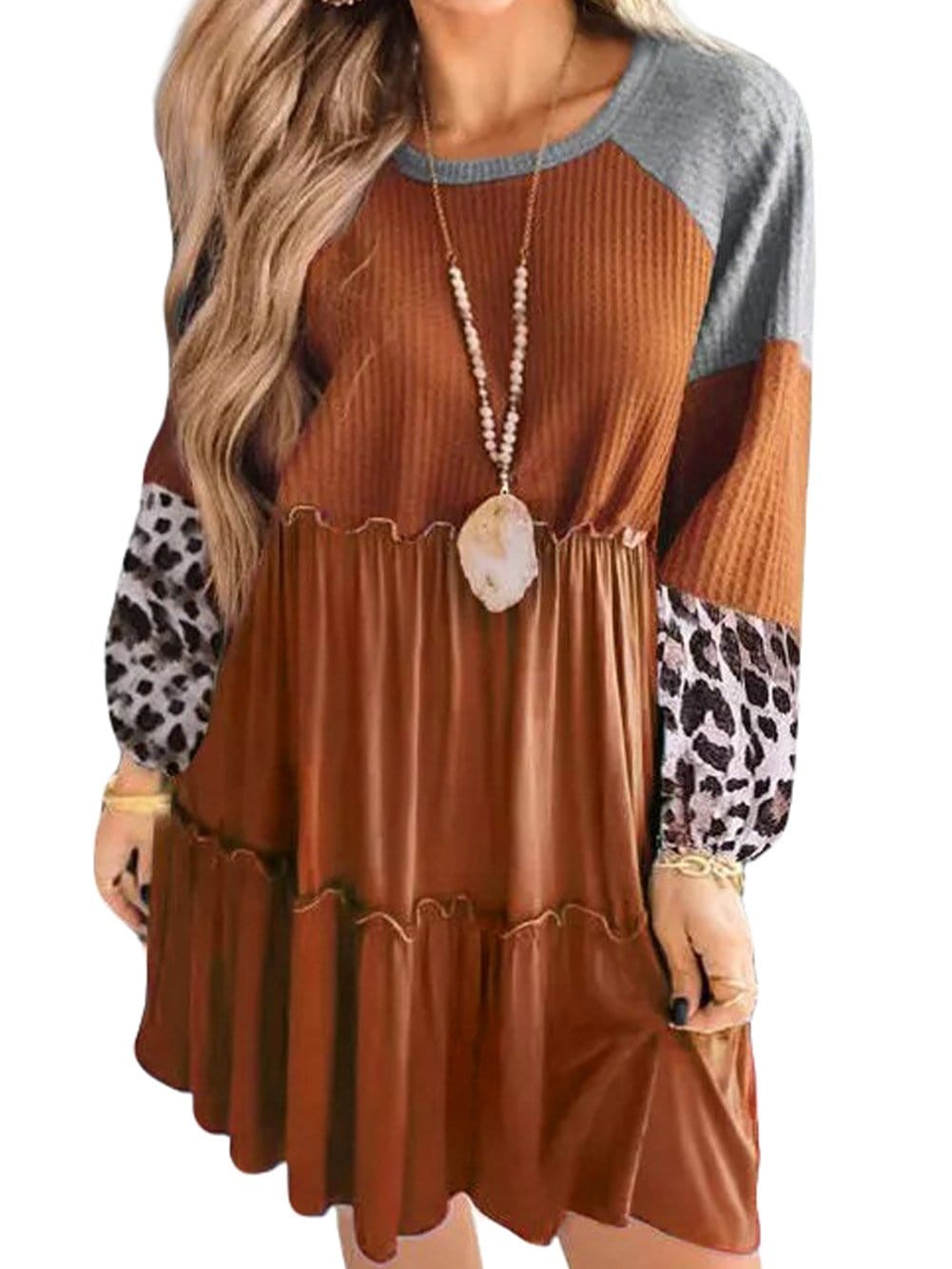 Brown Waffle Knit Leopard Patchwork Mini Dress with Ruffle Details