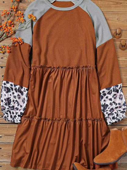 Brown Waffle Knit Leopard Patchwork Mini Dress with Ruffle Details