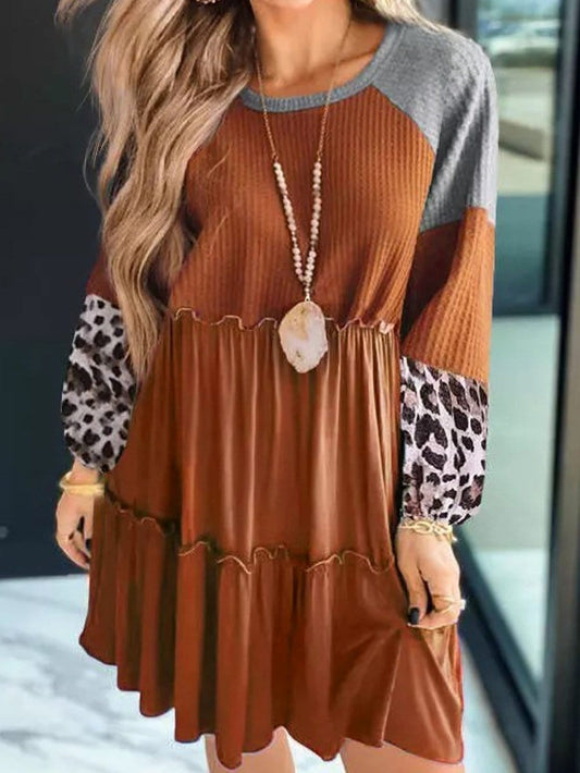 Brown Waffle Knit Leopard Patchwork Mini Dress with Ruffle Details