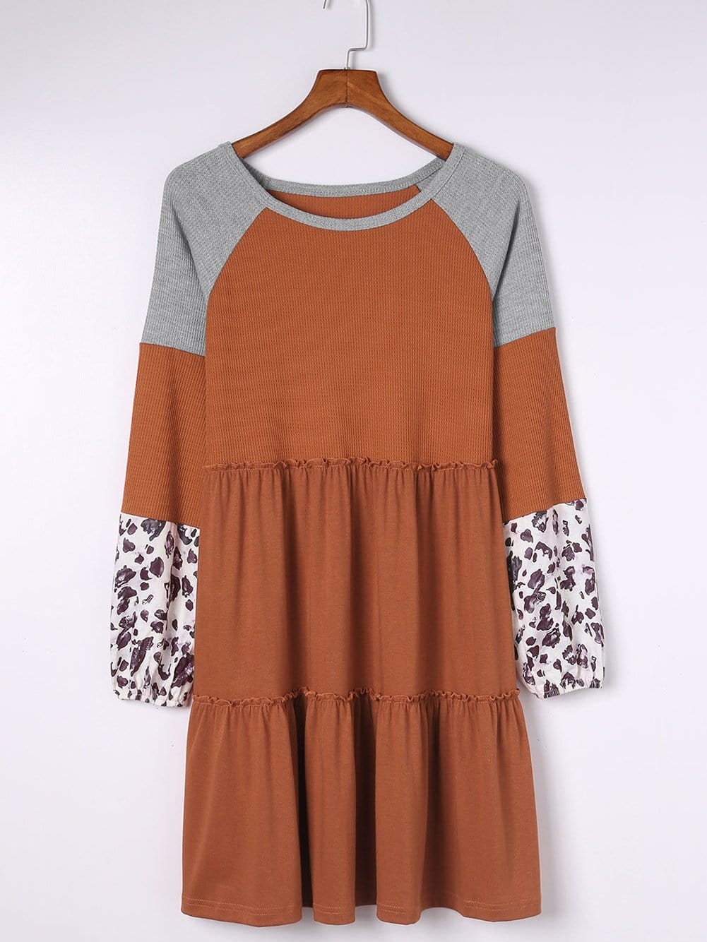 Brown Waffle Knit Leopard Patchwork Mini Dress with Ruffle Details