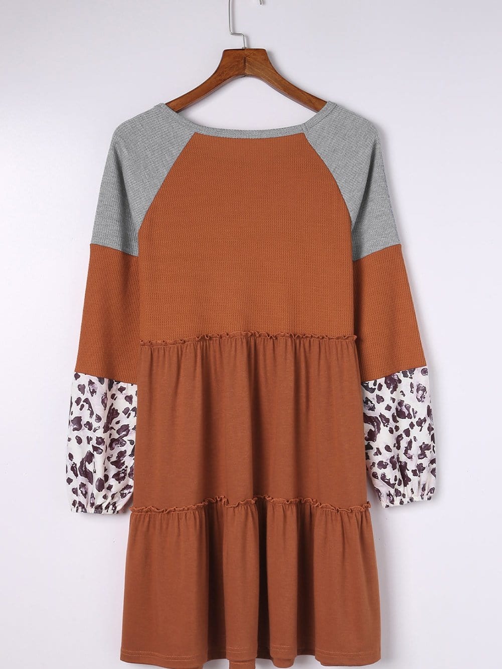 Brown Waffle Knit Leopard Patchwork Mini Dress with Ruffle Details