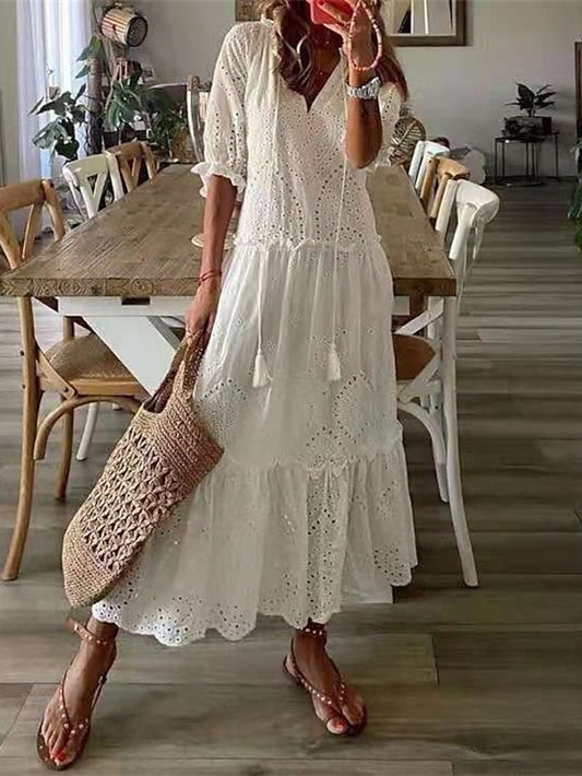 Women's Dress - Long Dress Maxi Dress White Dress Casual Dress Eyelet Half Sleeve Pure Color Hollow Out Daily Vacation Spring Summer Dress V Neck 2023 S M L XL