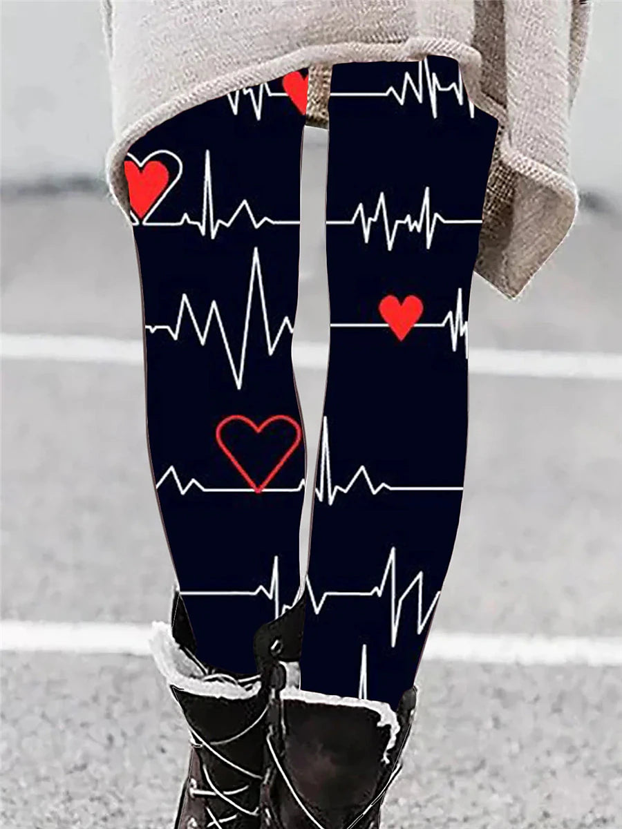 Women's Leggings Polyester Heart Wine Black Active High Waist Long Valentine's Day Vacation Spring