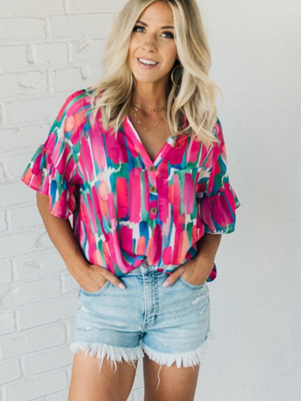 Brushed Rose V Neck Blouse with Abstract Print and Button Detail
